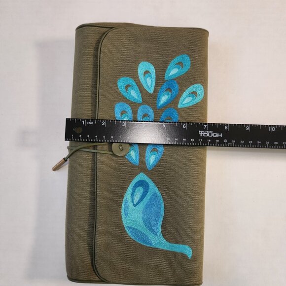 Serena & Lily Envelope Clutch Purse Peacock Embroidered Olive Green Canvas - Picture 10 of 13